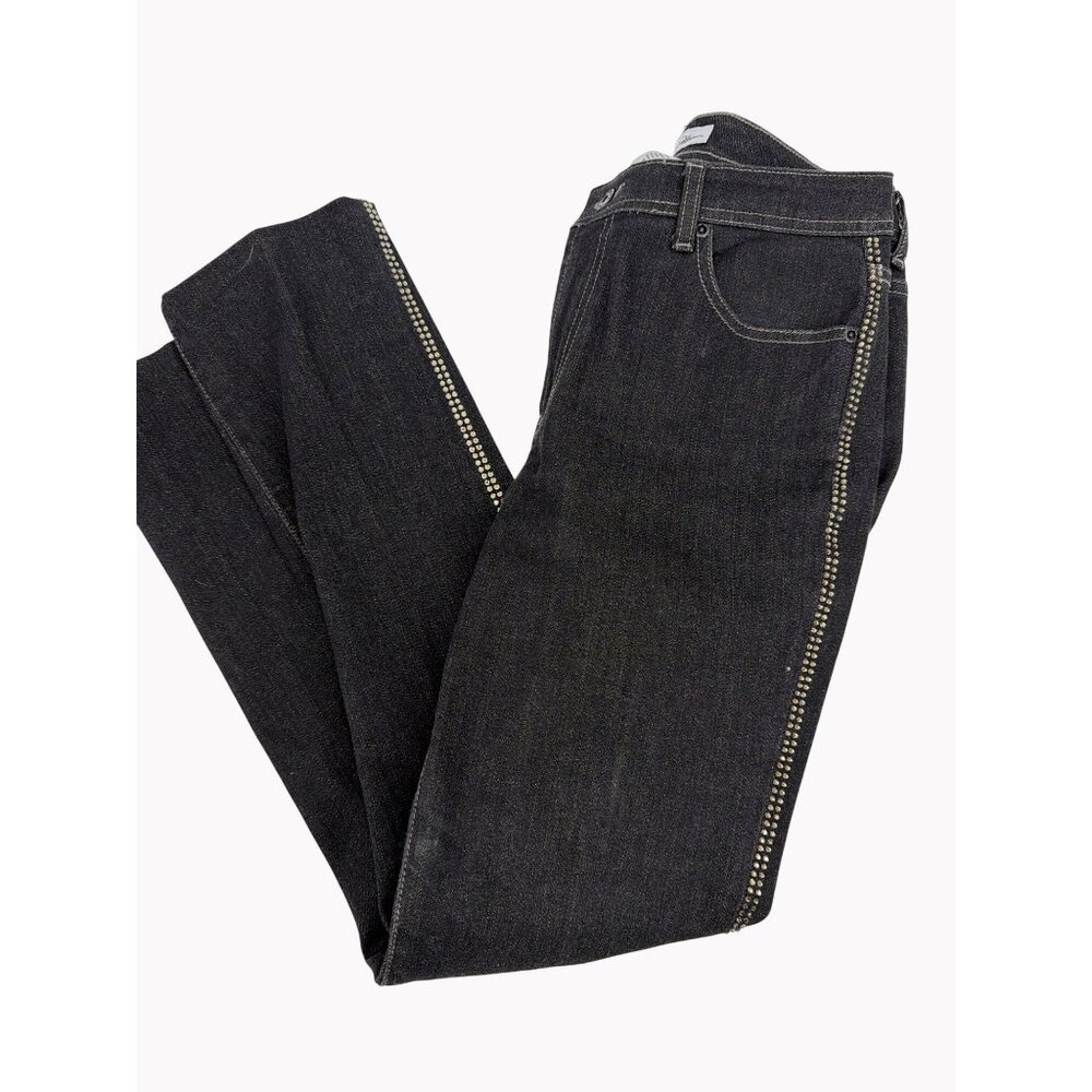 Chicos 0 Platinum Size 4 Black Rhinestone Straight Leg Jeans Womens Cotton